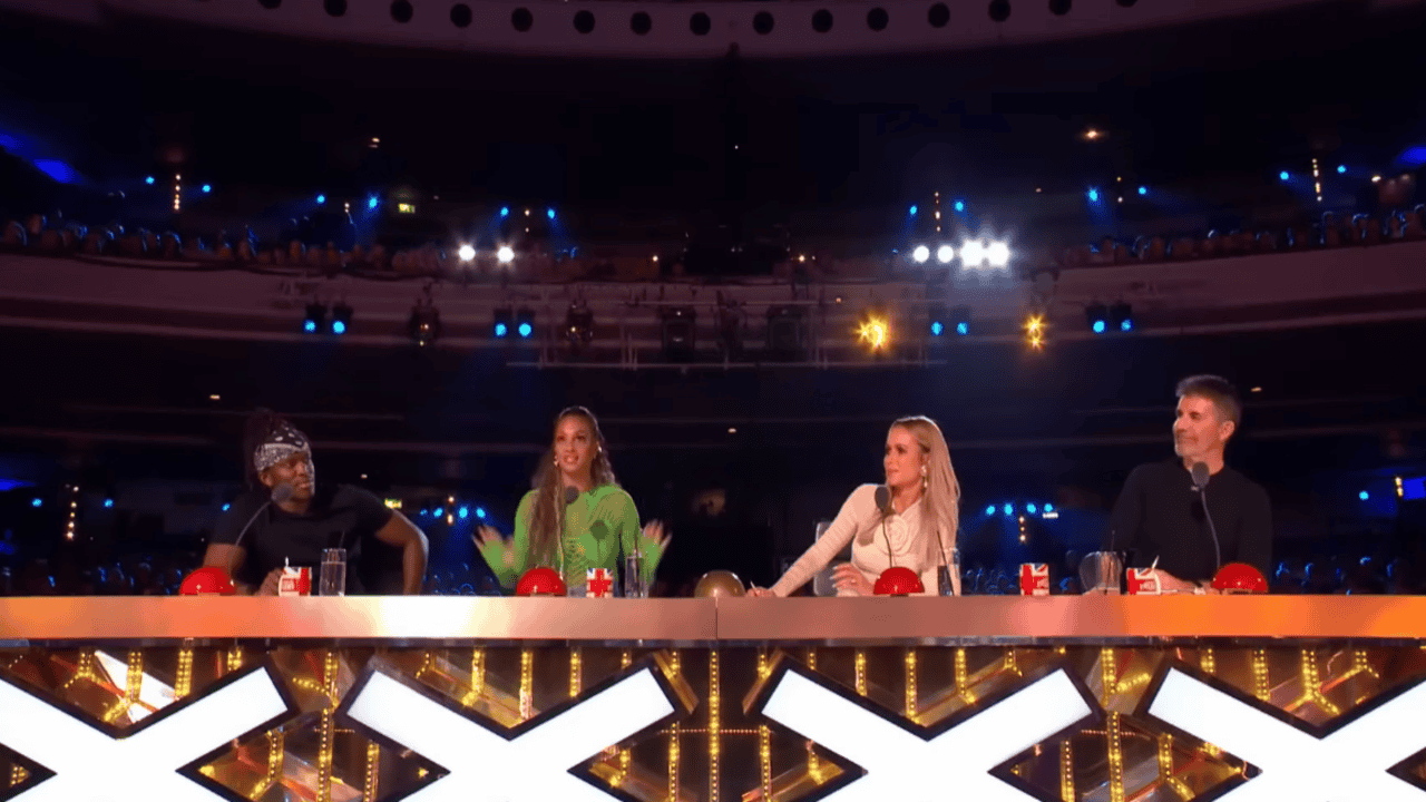 **Alt Text:** Britain's Got Talent 2026 live final lineup featuring all 10 finalists including Hawkstone Farmers Choir winner, Matty Juniosa singer, Celestial drone artists, and other acts on the BGT stage with judges Simon Cowell, Amanda Holden, Alesha Dixon, and KSI